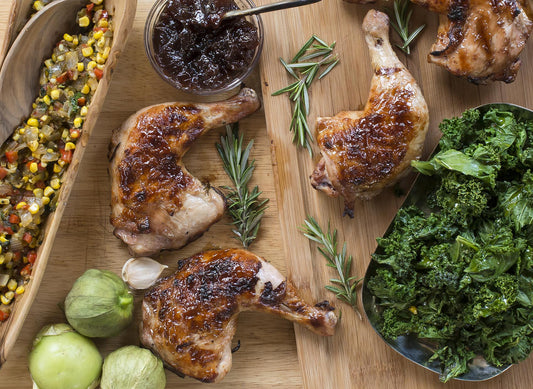 Brined Chicken with Tomatillo Corn Relish & Sautéed Kale