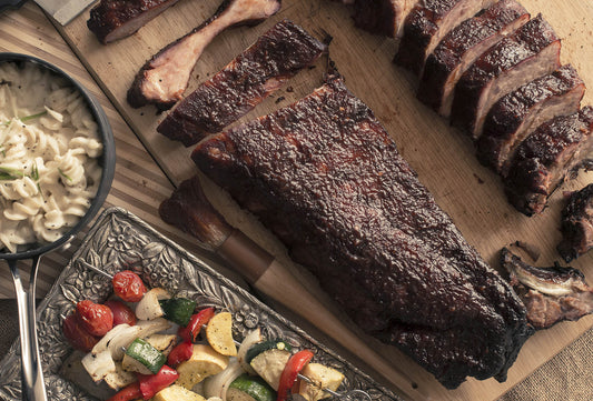 Smoked Ribs with Pepper Jack Mac N' Cheese and Veggie Kabobs