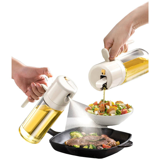 2-In-1 Glass Oil Dispenser with Sprayer Bottle, White, 18.6oz