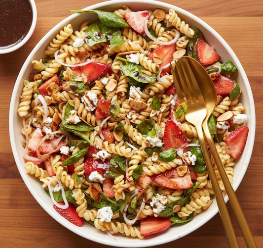 Strawberry Balsamic Pasta Salad with Goat Cheese, Mint, and Toasted Almonds