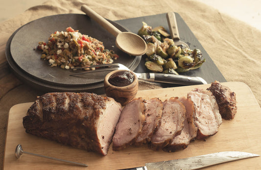 Smoked Pork Loin with Southwest Orzo Salad & Brussel Sprouts
