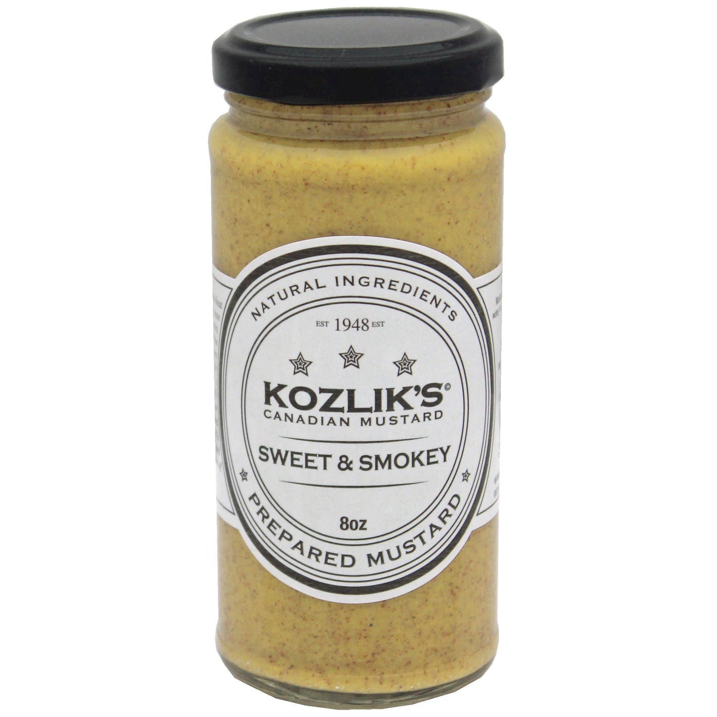 Jar of Kozlik's Sweet & Smokey mustard on a white background