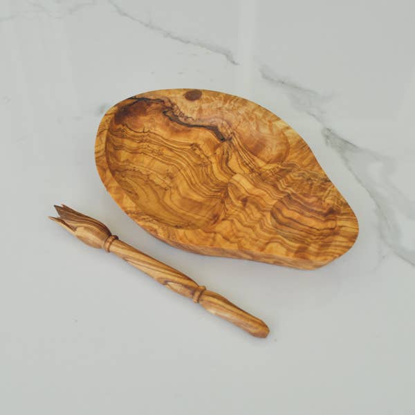 Olive Wood Olive Dish with Olive Stabber Gift Set