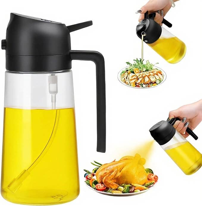 2-in-1 Oil Sprayer & Oil Dispenser, 16oz Glass, Oil Bottle,  Black