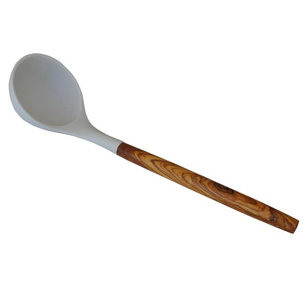 Silicone Ladle (White) with Olive Wood Handle - 12"