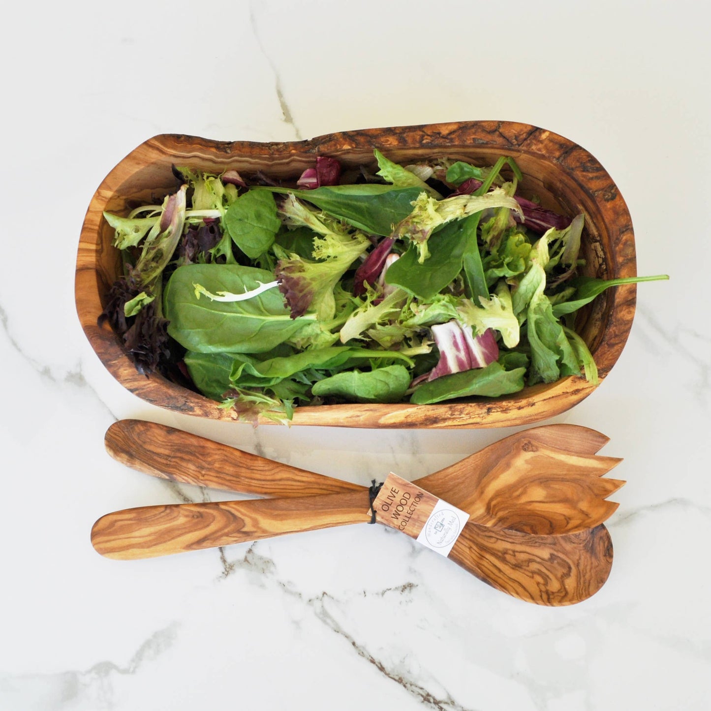 Olive Wood Natural Bowl and Salad Servers Gift Set