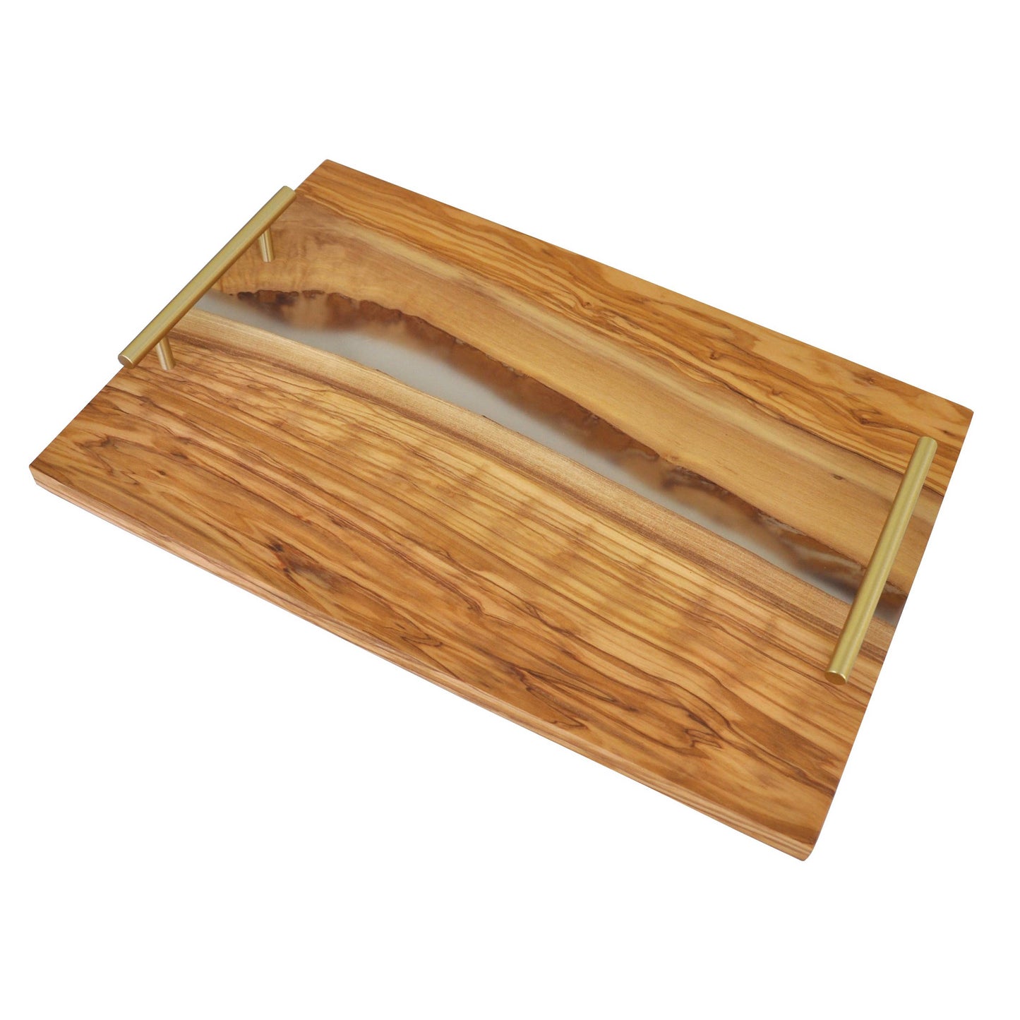 Olive Wood and Clear Resin Serving Tray with Gold Handles