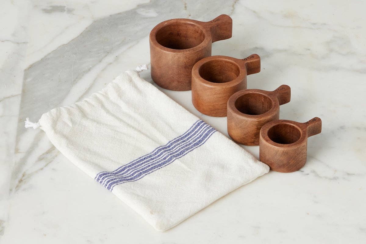 French Bistro Wood Measuring Cups in Vintage Navy Blue Stripe Bag, Set of 4