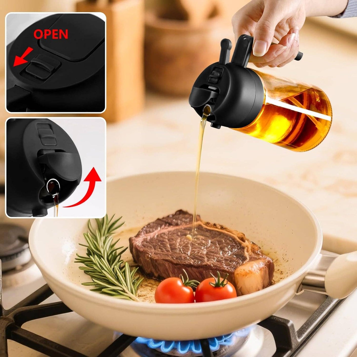 2-in-1 Oil Sprayer & Oil Dispenser, 16oz Glass, Oil Bottle,  Black