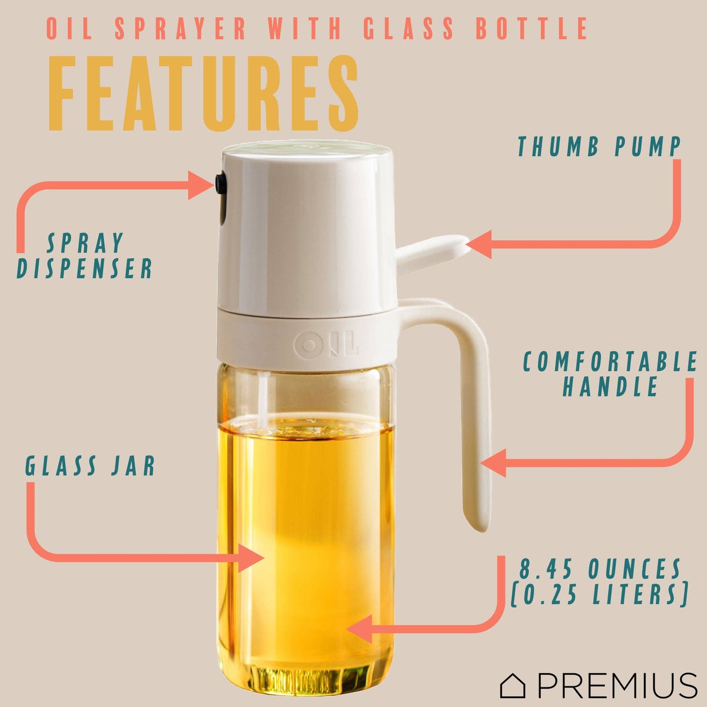 Glass Oil Sprayer Bottle, Natural, 8.45oz