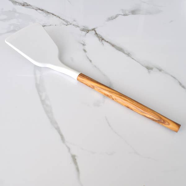 Silicone Turner (White) with Olive Wood Handle - 12"