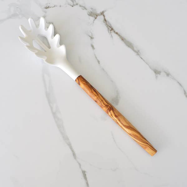 Silicone Spaghetti Server (White), Olive Wood Handle - 12"