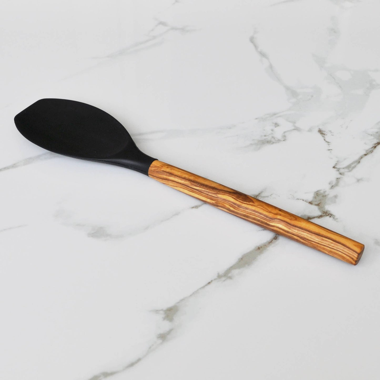 Silicone Round Spatula (Black) with Olive Wood Handle - 12"