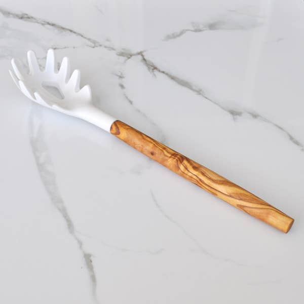 Silicone Spaghetti Server (White), Olive Wood Handle - 12"