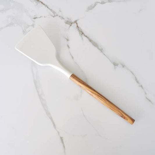 Silicone Turner (White) with Olive Wood Handle - 12"