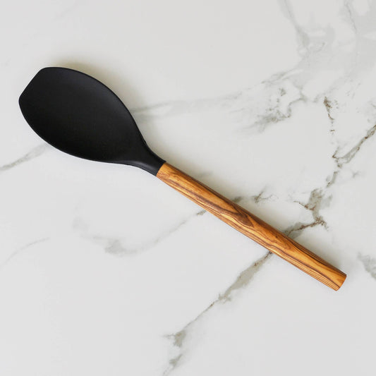 Silicone Round Spatula (Black) with Olive Wood Handle - 12"