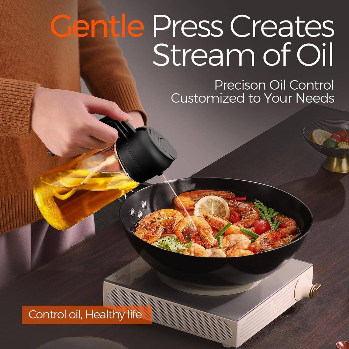 2-in-1 Oil Sprayer & Oil Dispenser, 16oz Glass, Oil Bottle, Orange