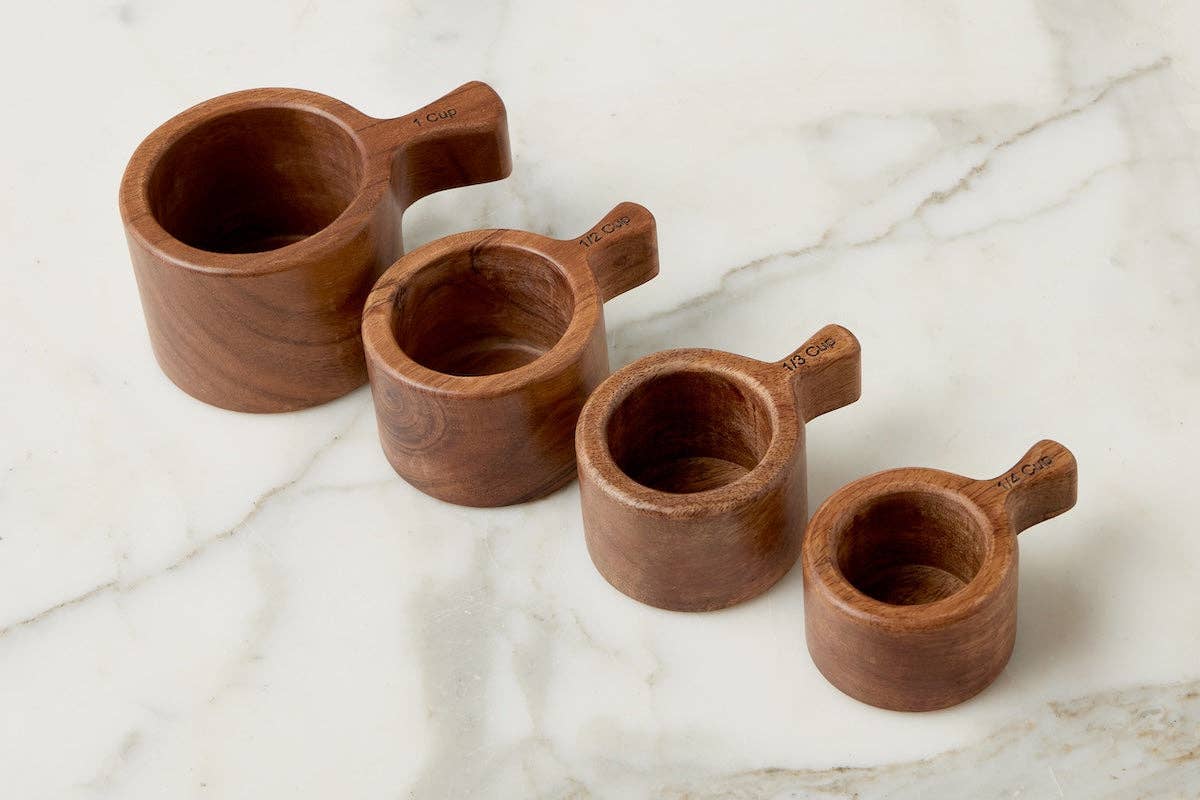 French Bistro Wood Measuring Cups in Vintage Navy Blue Stripe Bag, Set of 4
