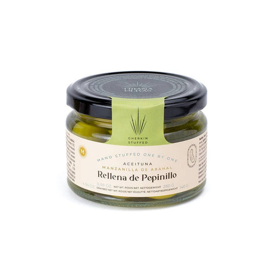 Triana Olivas. Manzanilla Olives Stuffed with Gherkins